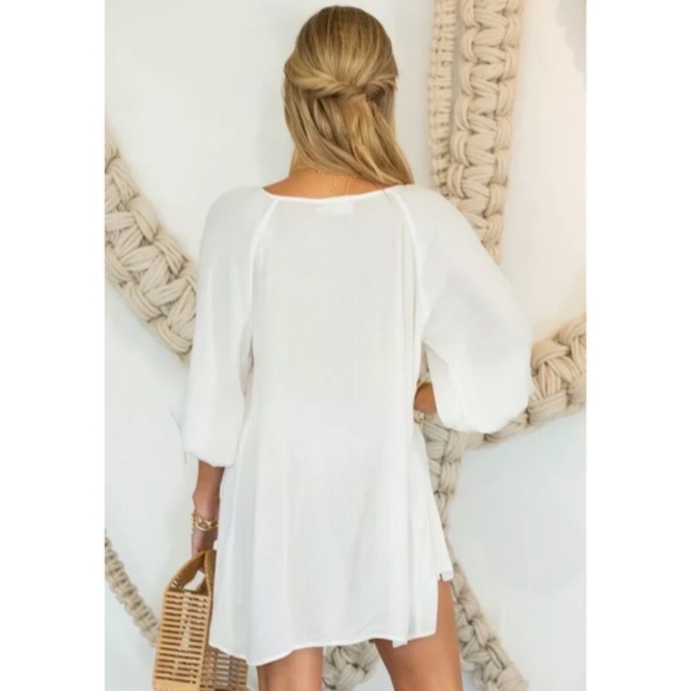 White Button Wide Tie Sleeve Hi Lo Tunic Blouse - Picture 7 of 11